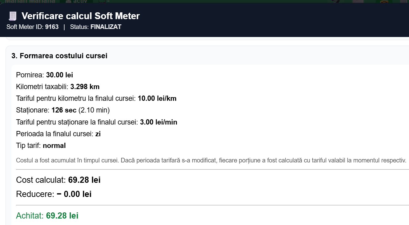 Verificarea calculului Soft Meter – 3.298 km, 126 sec, 69.28 lei